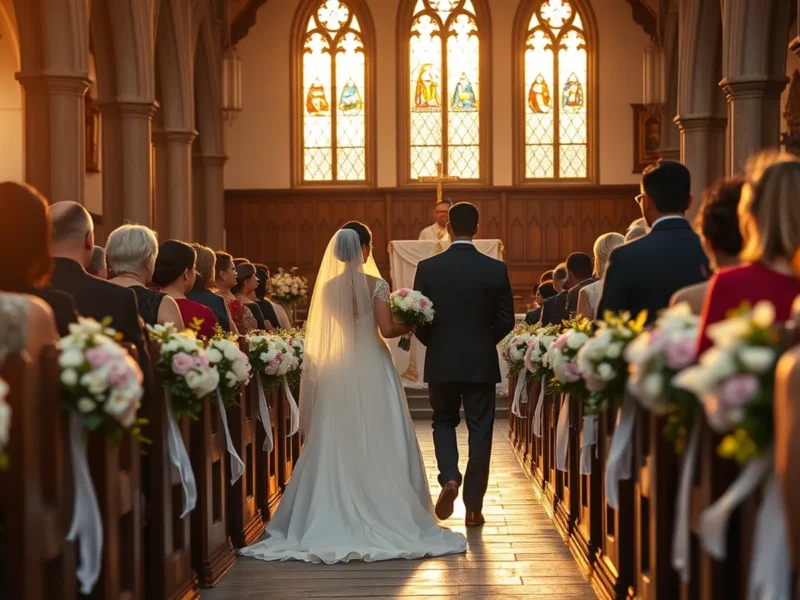 Christian wedding traditions in India - an Indian Christian church wedding with the bride in a white gown walking a decorated church aisle