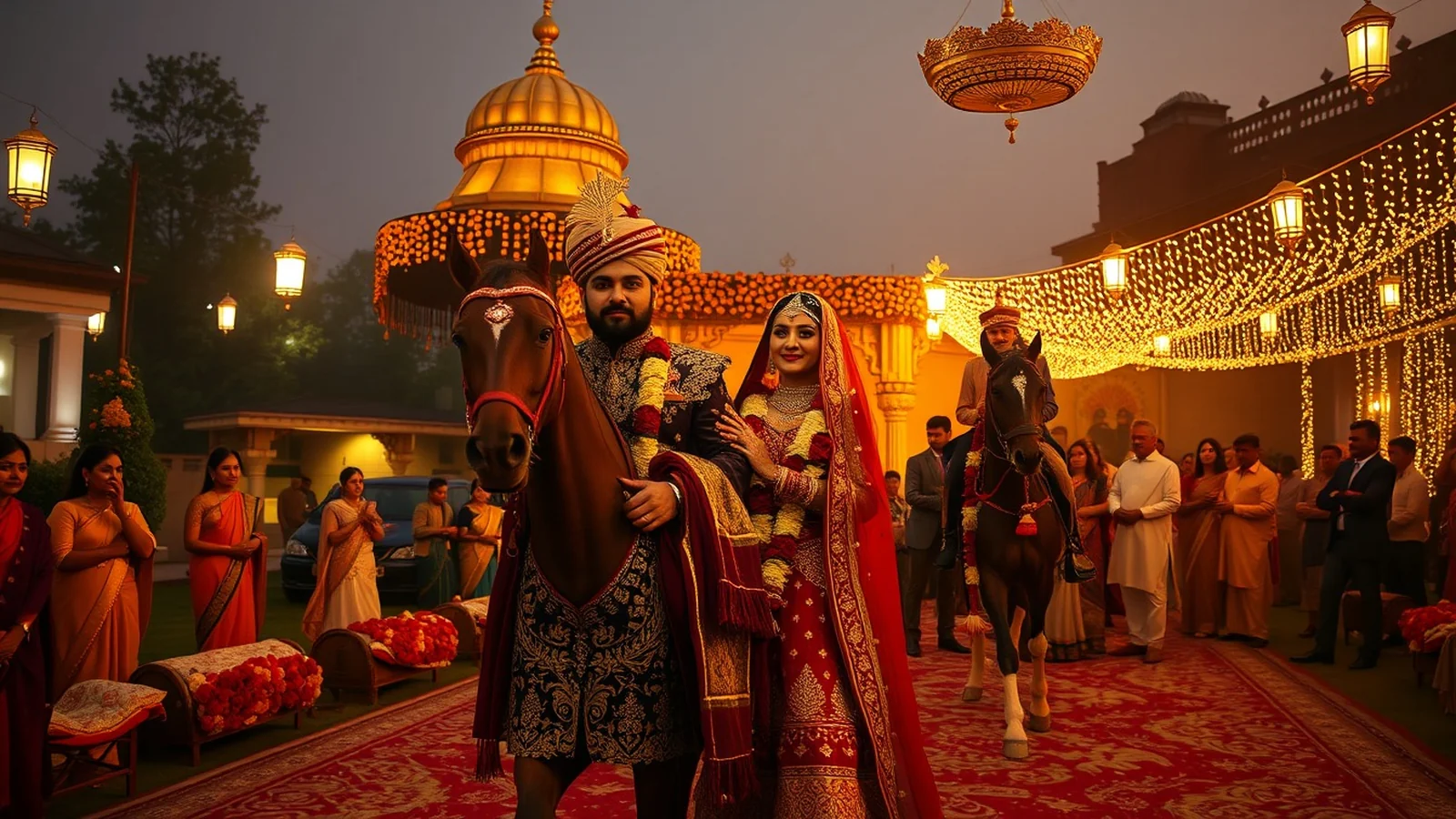 Delhi grand Indian wedding scene with elegant farmhouse mandap and baraat procession