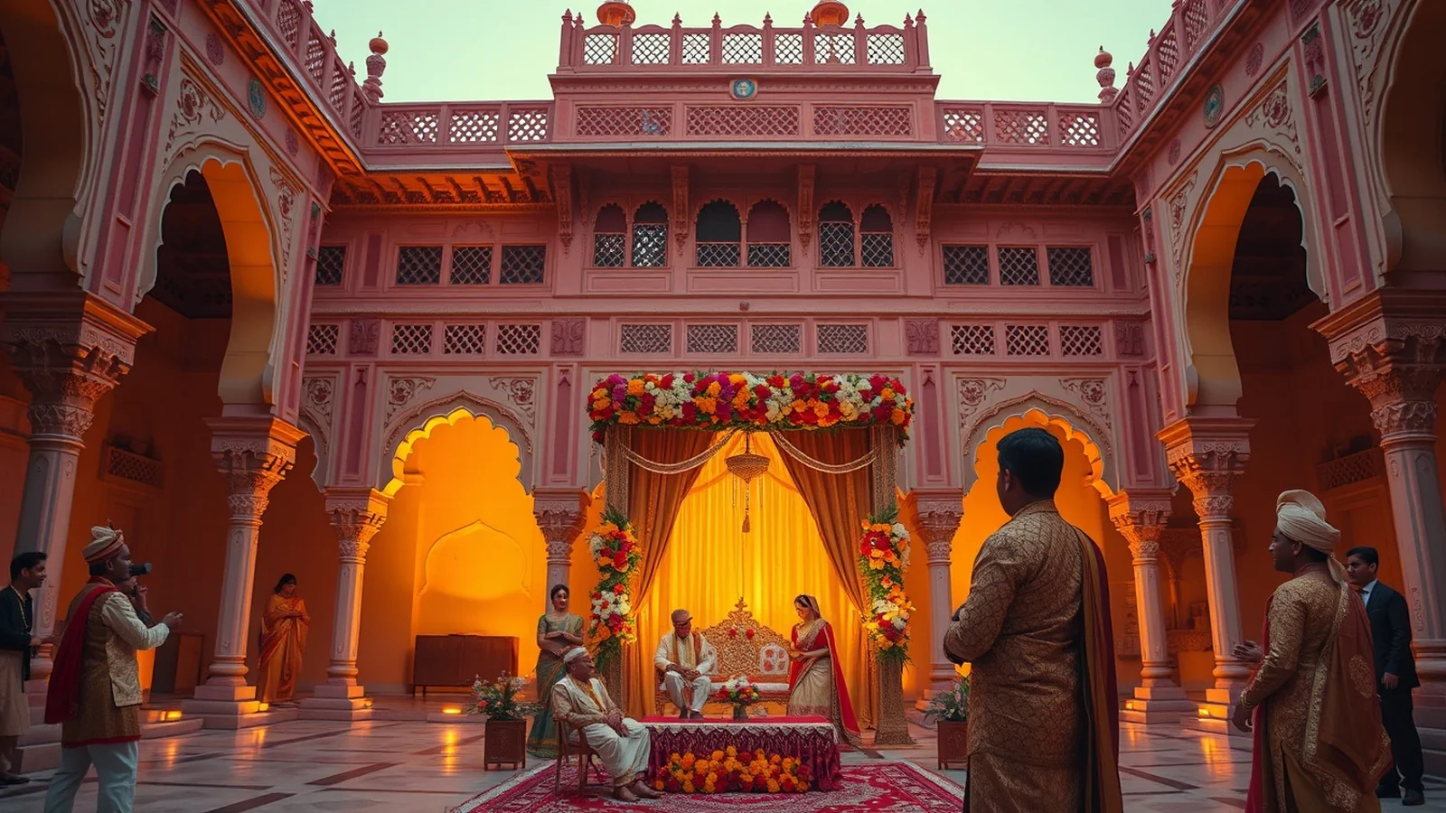 Jaipur Rajasthan palace wedding scene with ornate Rajput courtyard and floral mandap