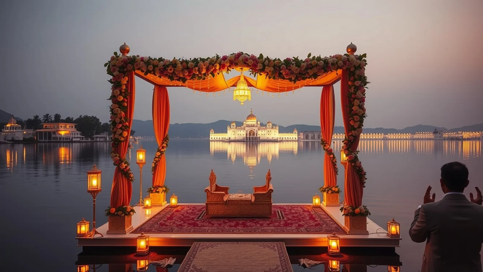 Udaipur lake palace destination wedding with mandap on a floating platform at sunset