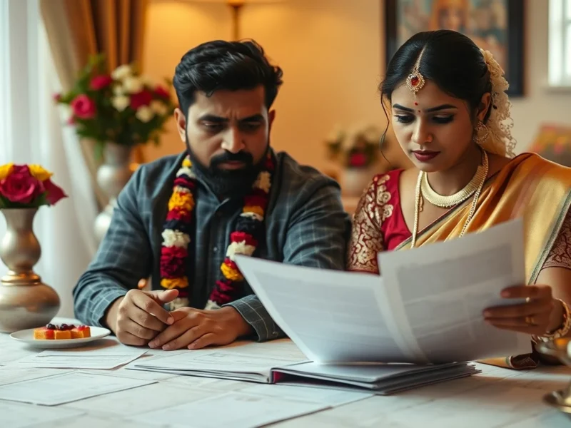 Indian wedding planning challenges with documents and budget sheets on a table