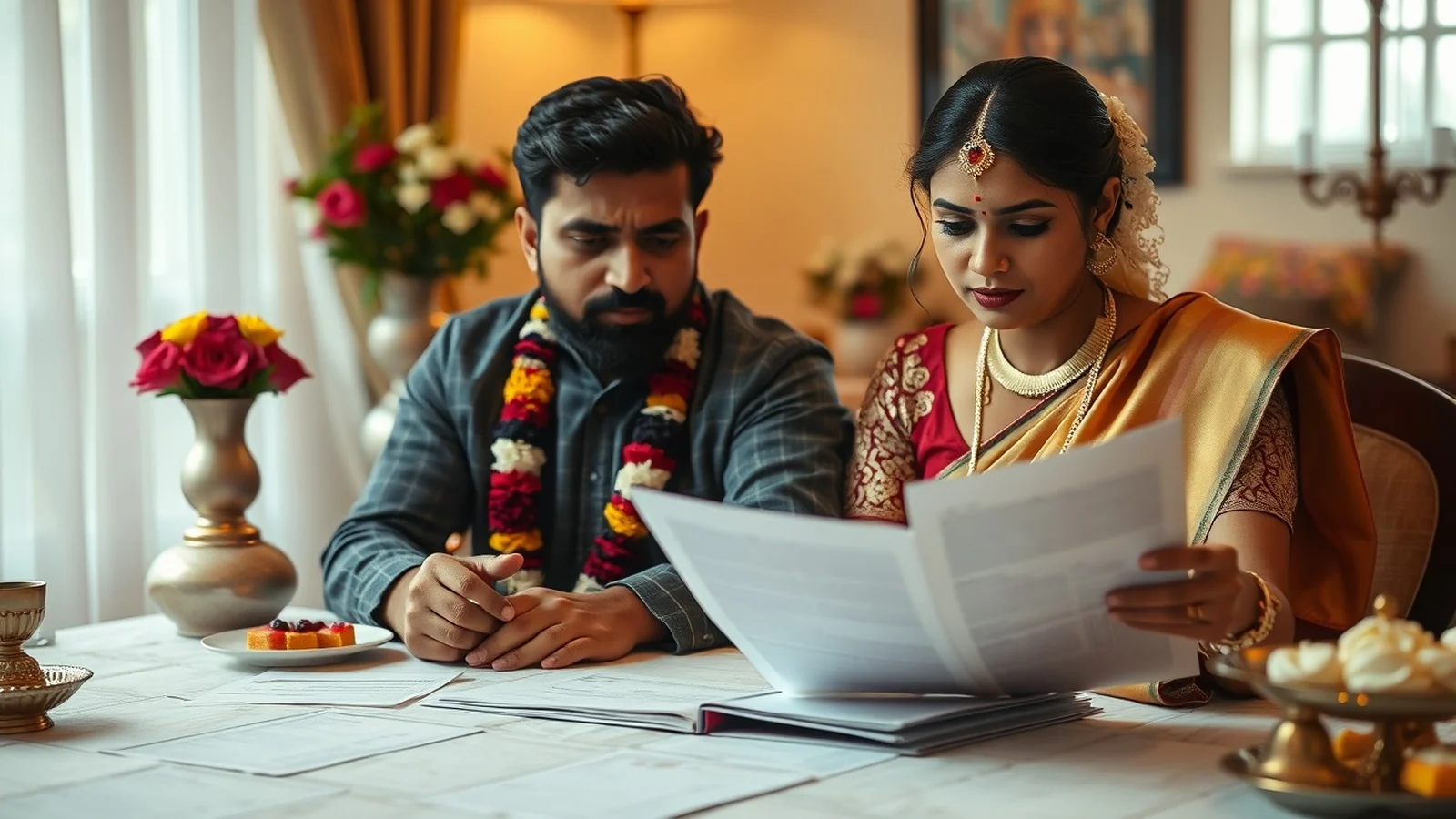 Indian wedding planning challenges with documents and budget sheets on a table