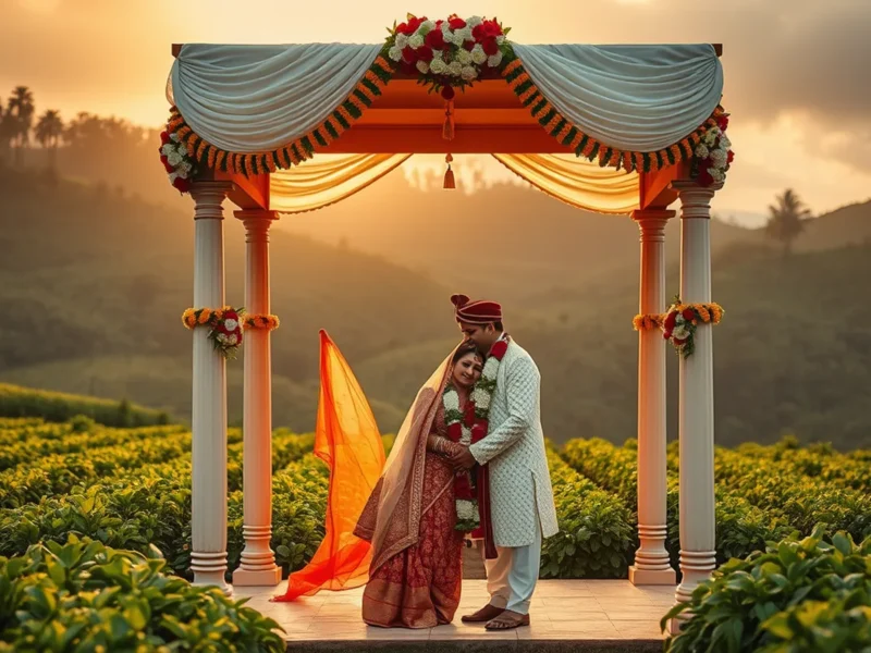 Coorg destination wedding cost - Indian wedding at a Coorg coffee estate with mandap among coffee plants and Madikeri hills backdrop at golden hour