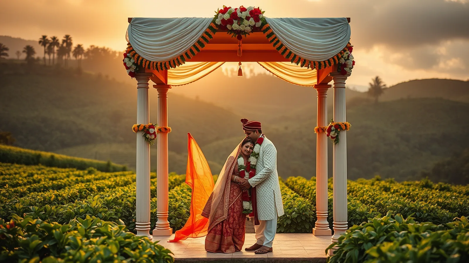 Coorg destination wedding cost - Indian wedding at a Coorg coffee estate with mandap among coffee plants and Madikeri hills backdrop at golden hour
