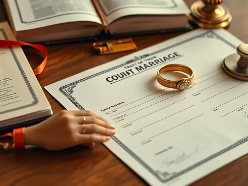 Indian court marriage legal documents flat lay with marriage certificate, rings, and registry book