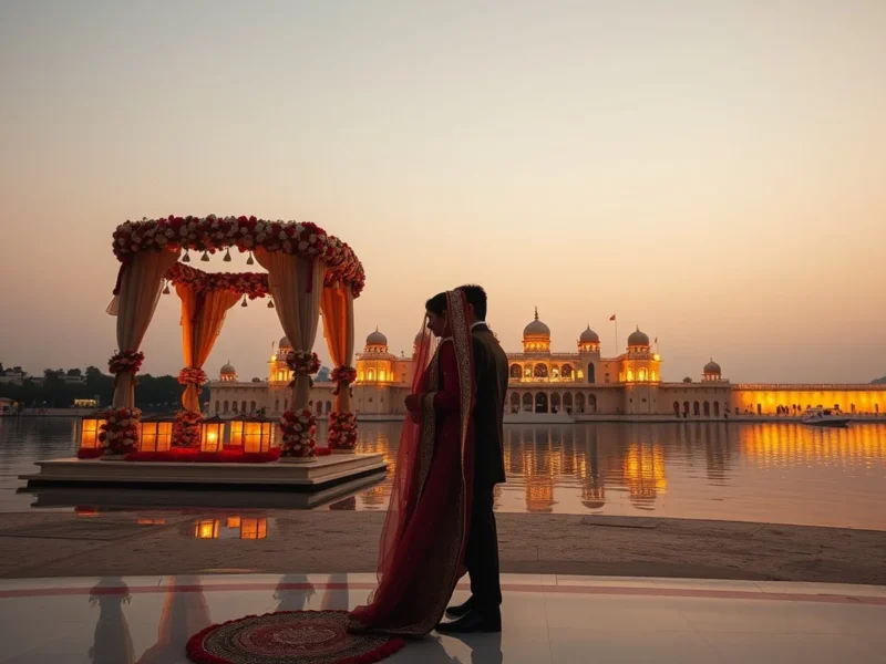 Indian destination wedding cost concept with Udaipur lake palace at sunset