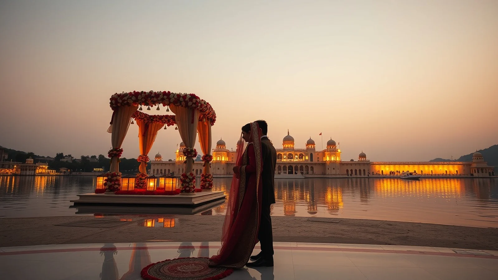 Indian destination wedding cost concept with Udaipur lake palace at sunset