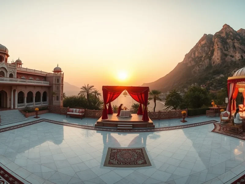 Indian destination wedding meaning, panoramic view of palace, beach and mountain venues