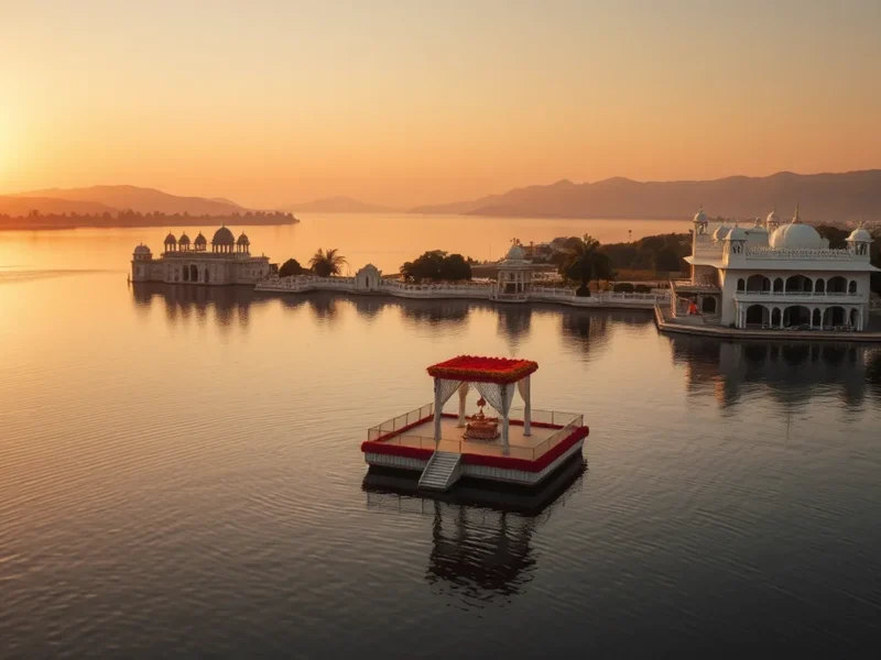 Destination wedding planner in Rajasthan - aerial view of an Udaipur lake palace wedding setup at golden hour with floating mandap and city palace backdrop