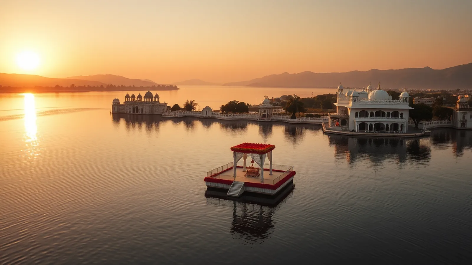 Destination wedding planner in Rajasthan - aerial view of an Udaipur lake palace wedding setup at golden hour with floating mandap and city palace backdrop