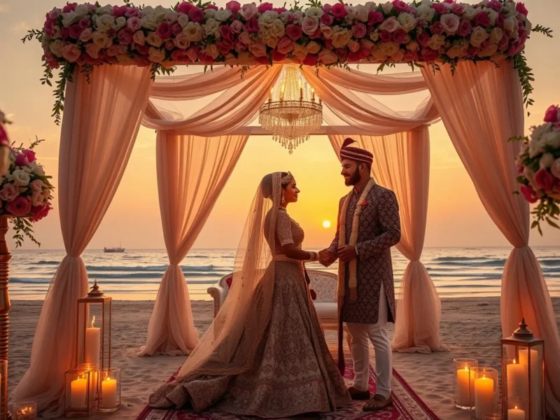 Elegant Indian destination wedding setup with beachfront mandap at golden hour