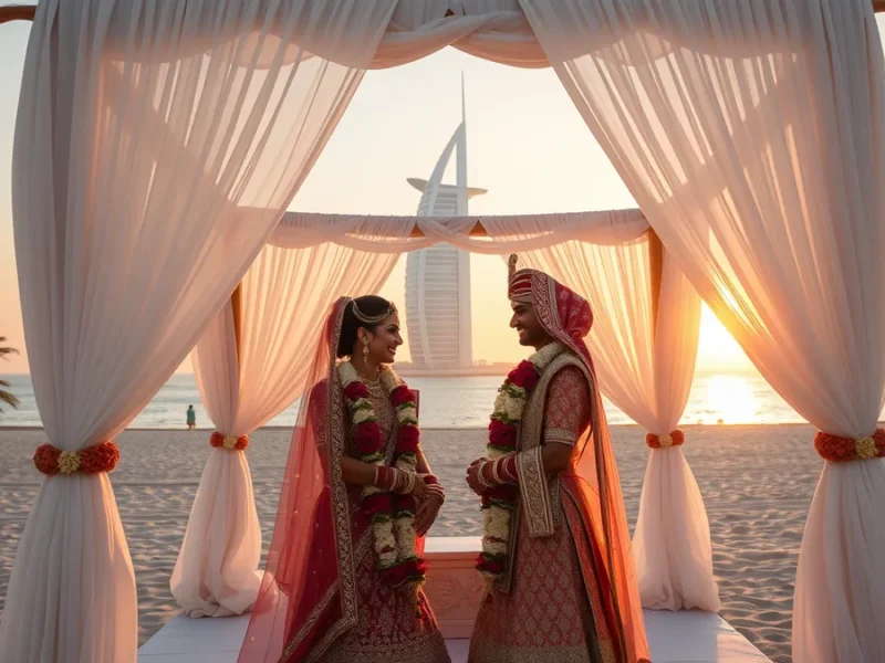 Indian wedding planner in Dubai - luxury beachfront mandap at golden hour with Burj Al Arab in distance