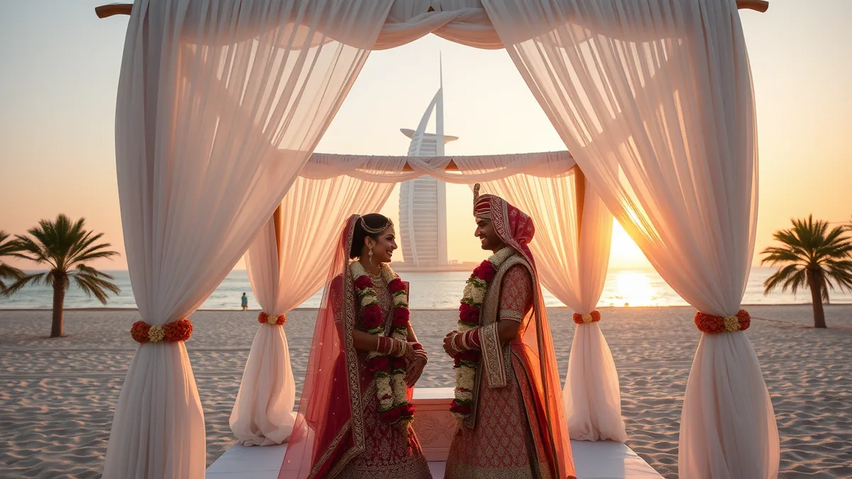 Indian wedding planner in Dubai - luxury beachfront mandap at golden hour with Burj Al Arab in distance