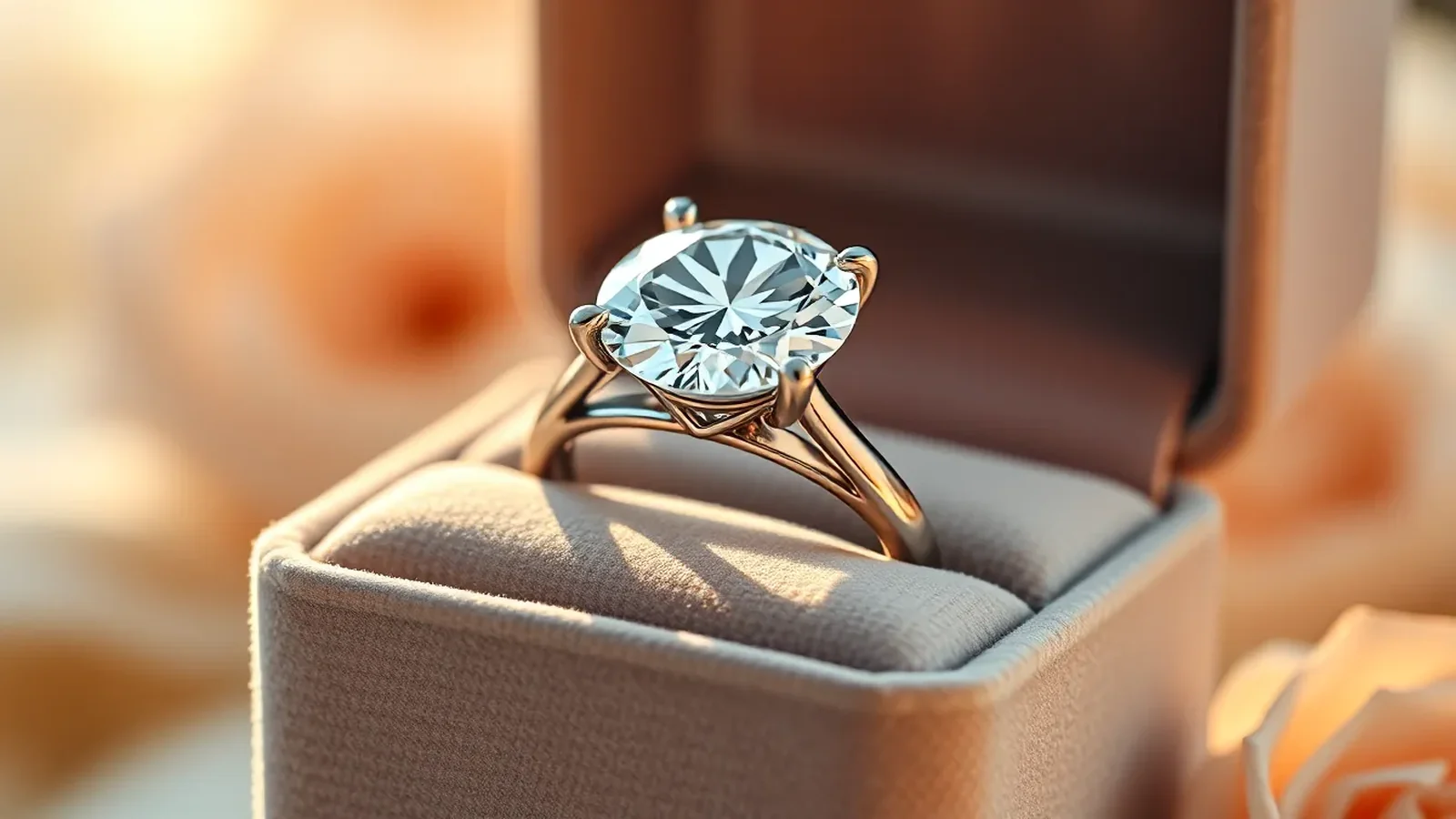 Luxury diamond solitaire engagement ring in platinum band in elegant velvet box