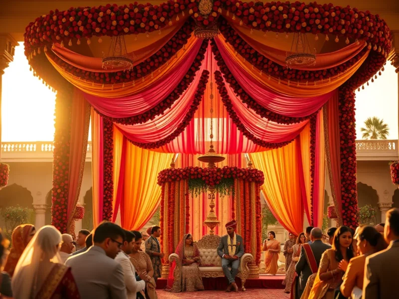 Fairmont Jaipur wedding cost - grand Rajasthani Maharaja tent wedding mandap with peacock motifs and marigold canopy in pink saffron palette