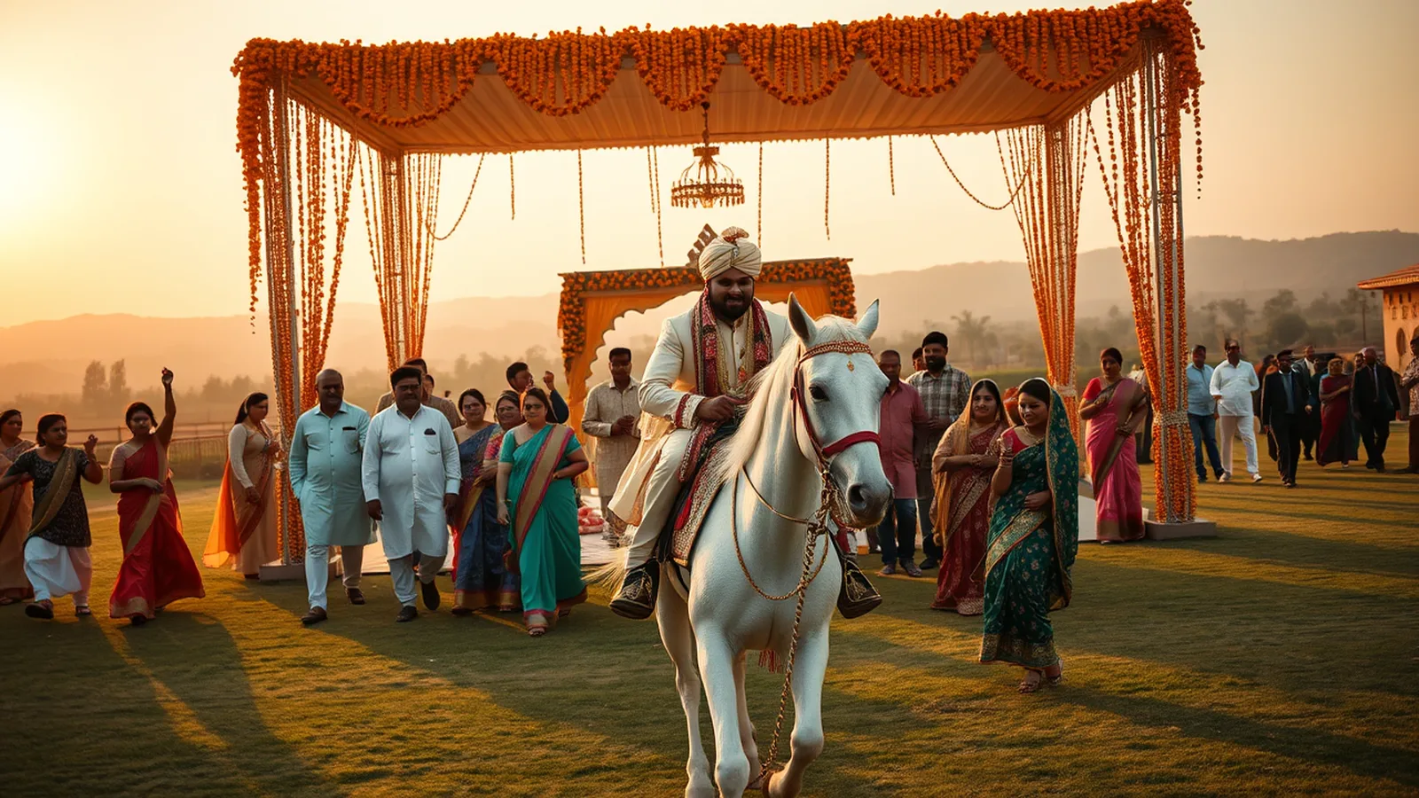 Premium wedding planner in Faridabad - NCR farmhouse mandap with Aravalli ridge backdrop at golden hour