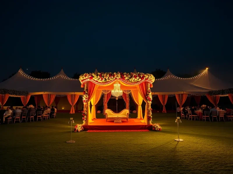 Luxury Delhi NCR farmhouse wedding with grand floral mandap and lawn at night