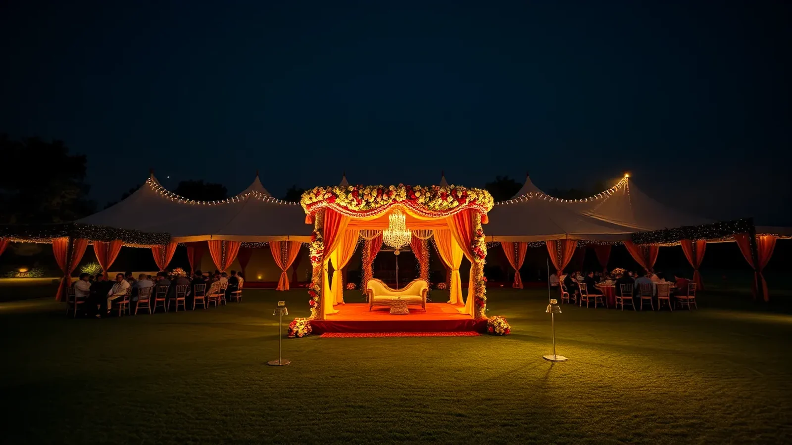 Luxury Delhi NCR farmhouse wedding with grand floral mandap and lawn at night