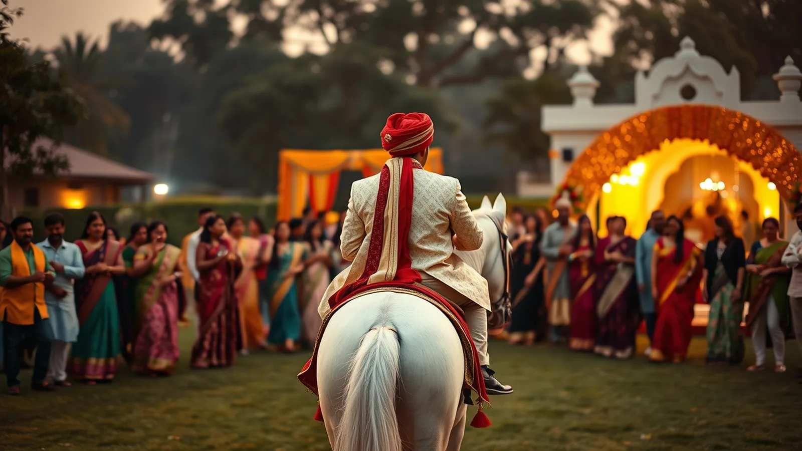 Premium wedding planner in Ghaziabad - large NCR-overflow farmhouse wedding baraat with dhol and decorated horse at golden hour