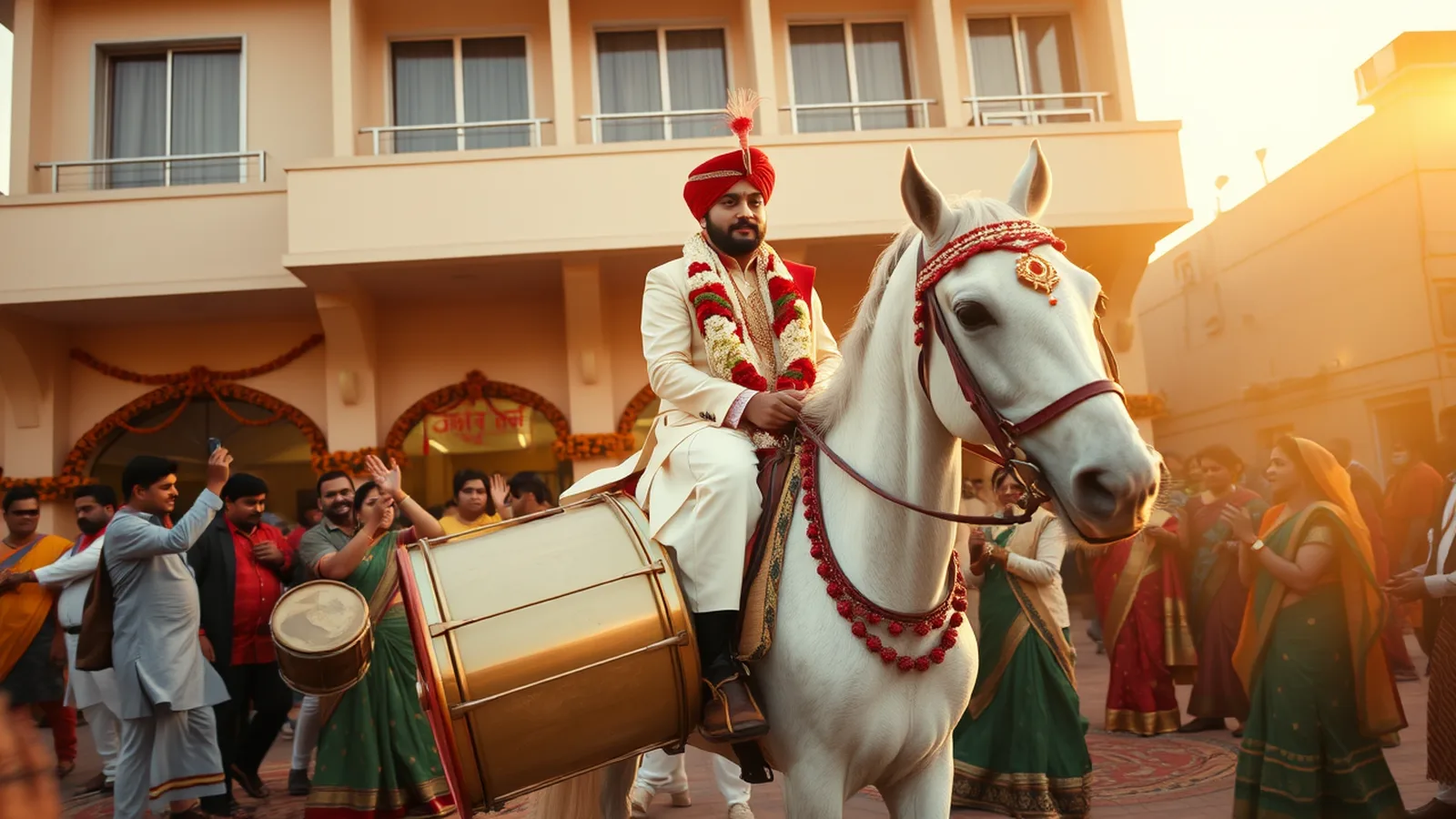 Premium wedding planner in Gorakhpur - mandap at a banquet hotel with Eastern UP family baraat at golden hour