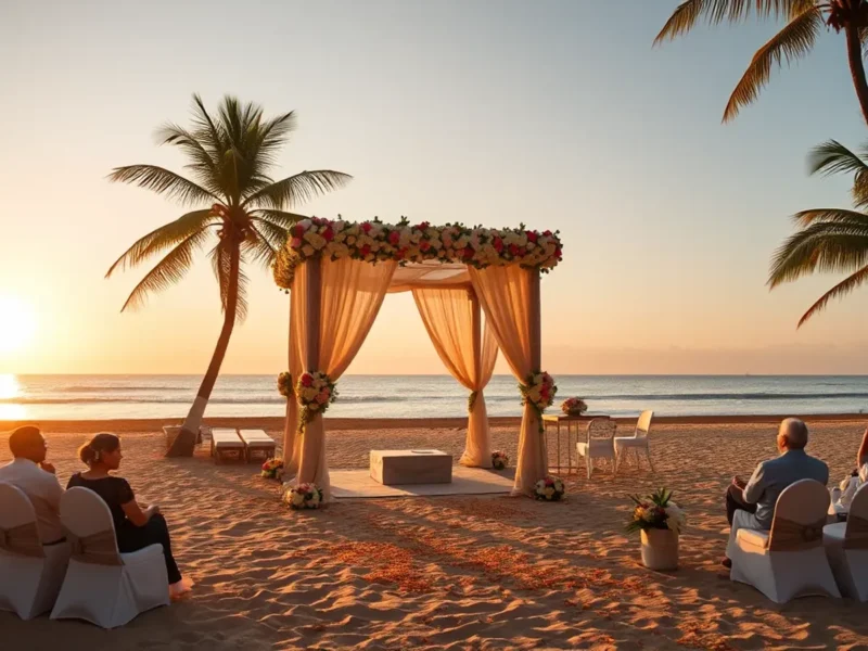 Grand Hyatt Goa beachfront wedding mandap on a private cove at sunset