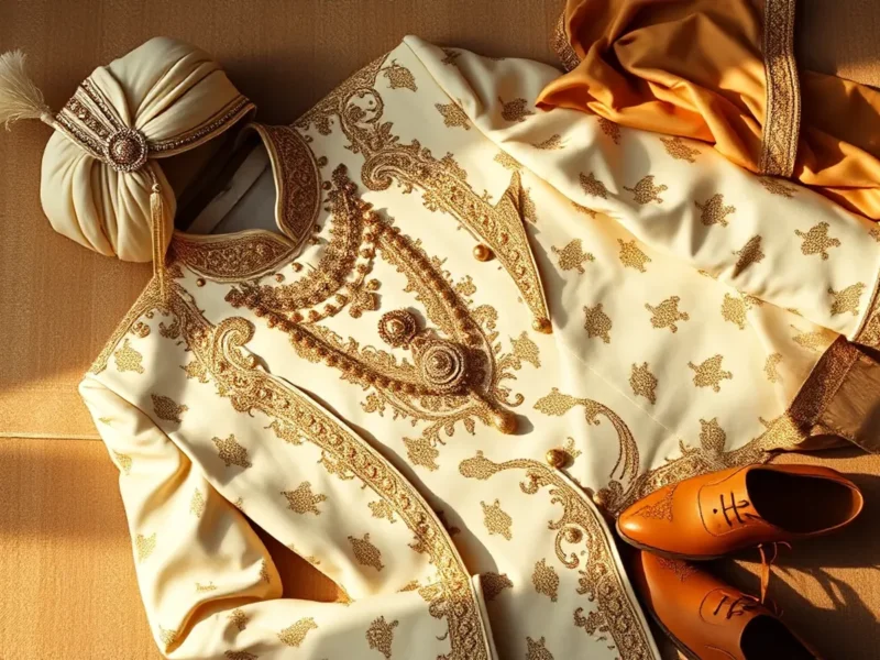 Designer Indian groom sherwani in ivory and gold with pagdi, kalgi, and mojaris