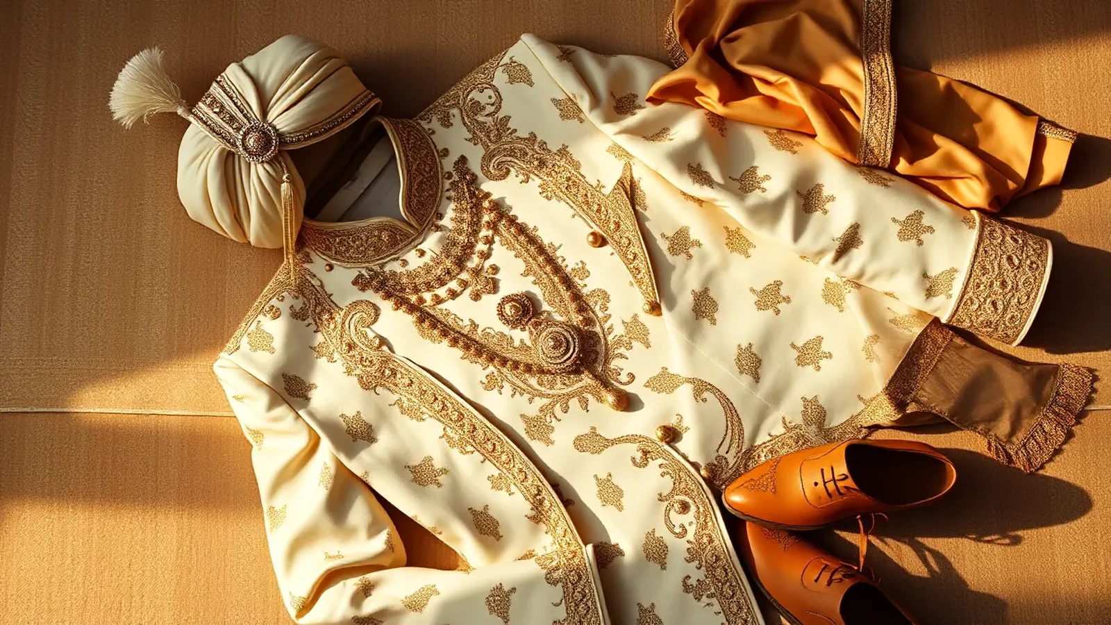 Designer Indian groom sherwani in ivory and gold with pagdi, kalgi, and mojaris