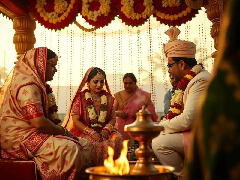 Gujarati wedding traditions - a Gujarati wedding ritual scene with the bride in a traditional panetar and gharchola saree at the mandap