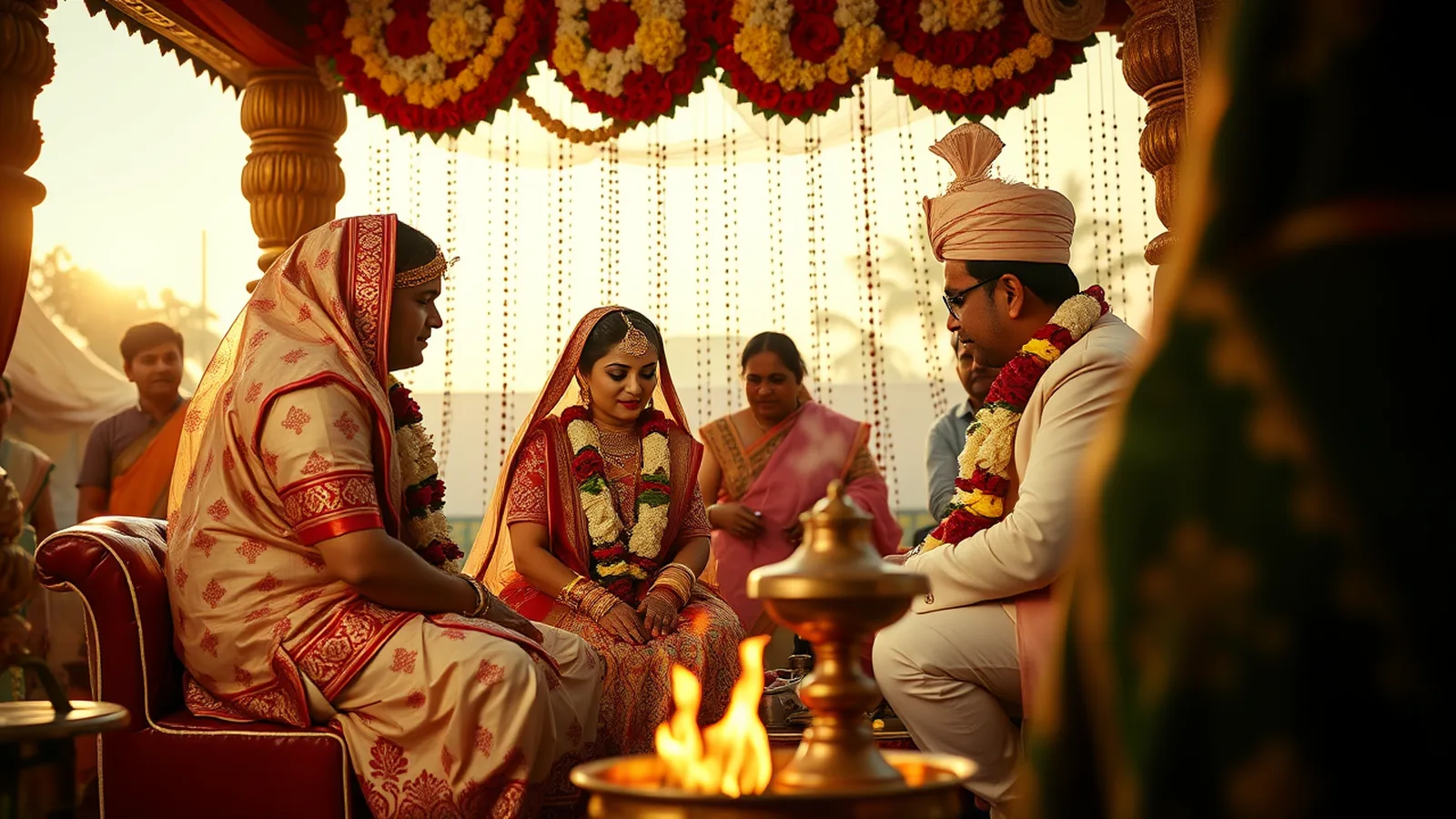 Gujarati wedding traditions - a Gujarati wedding ritual scene with the bride in a traditional panetar and gharchola saree at the mandap
