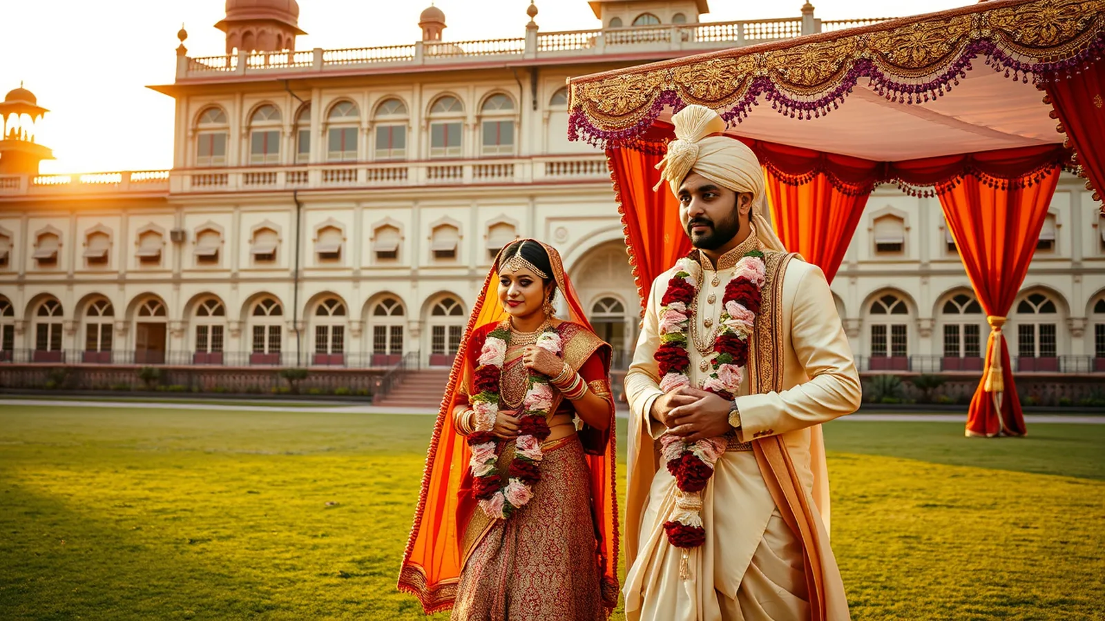 Premium wedding planner in Gwalior - mandap on a heritage palace lawn with Scindia palace heritage backdrop at golden hour