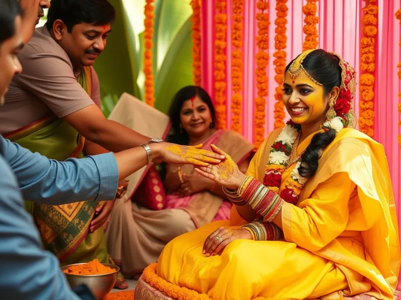 Haldi ceremony guide - a joyful Indian haldi ceremony with turmeric paste being applied to the bride amid marigold decor in bright daylight