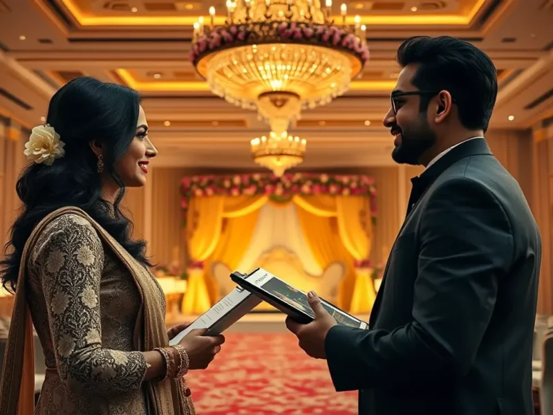 Couple touring an Indian wedding venue with a planner and decorated banquet hall