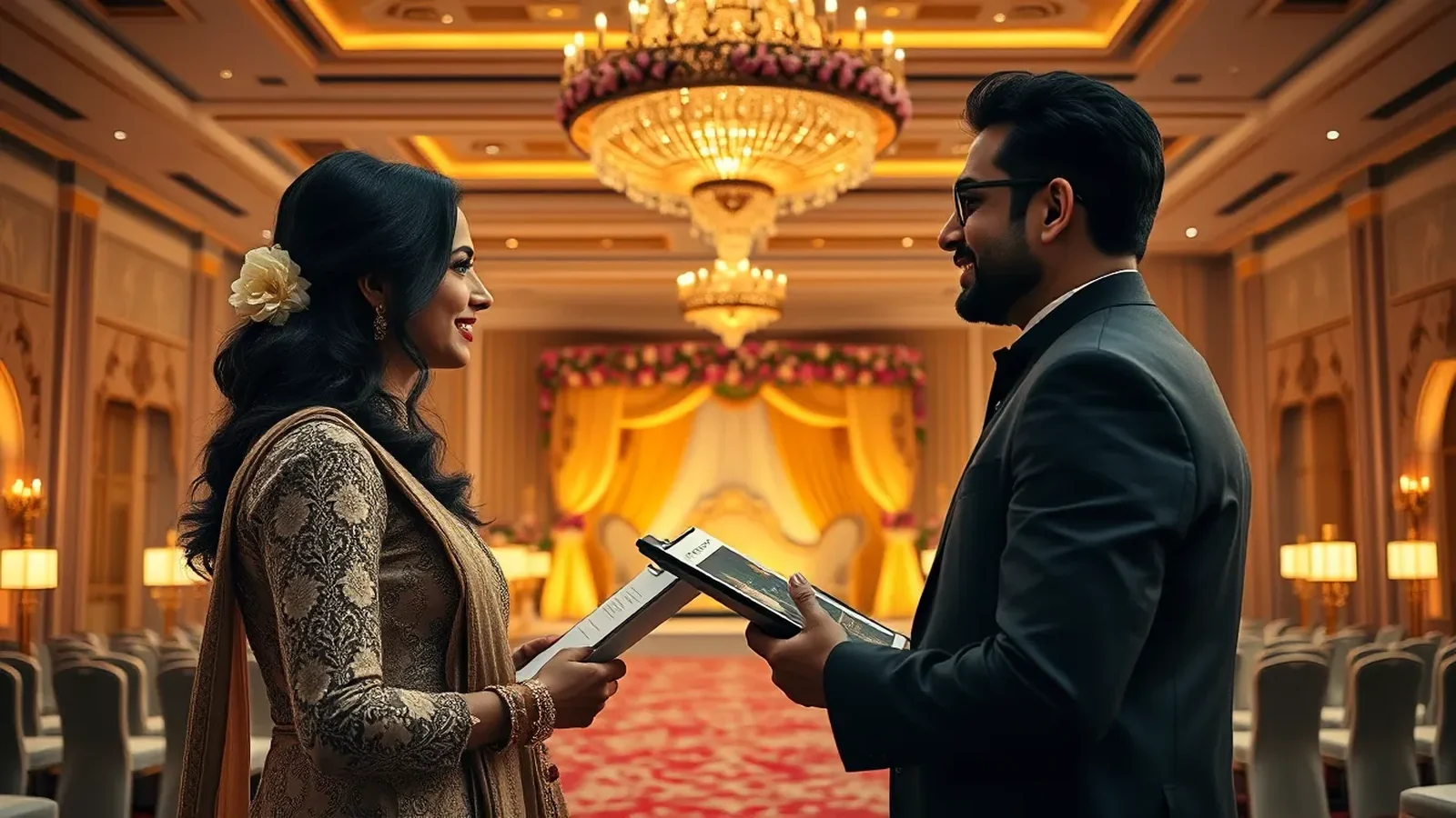Couple touring an Indian wedding venue with a planner and decorated banquet hall