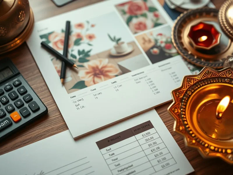Indian wedding budget planning scene with calculator and mood board