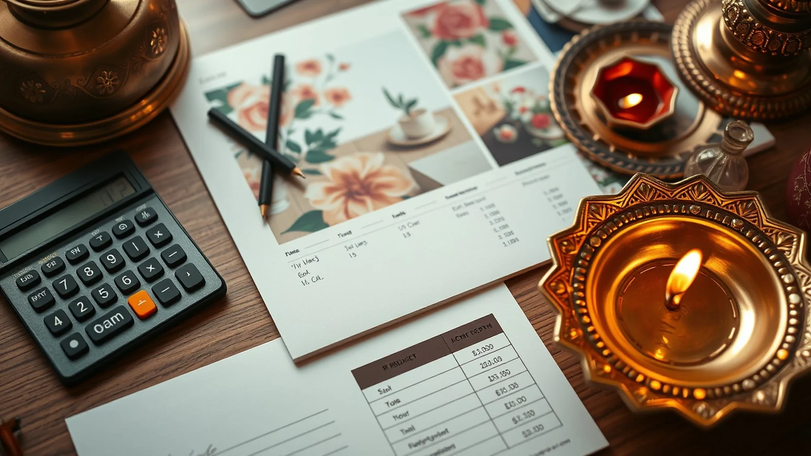 Indian wedding budget planning scene with calculator and mood board