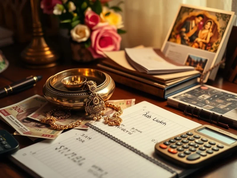 Indian wedding cost breakdown editorial scene with brass thali and rupee notes