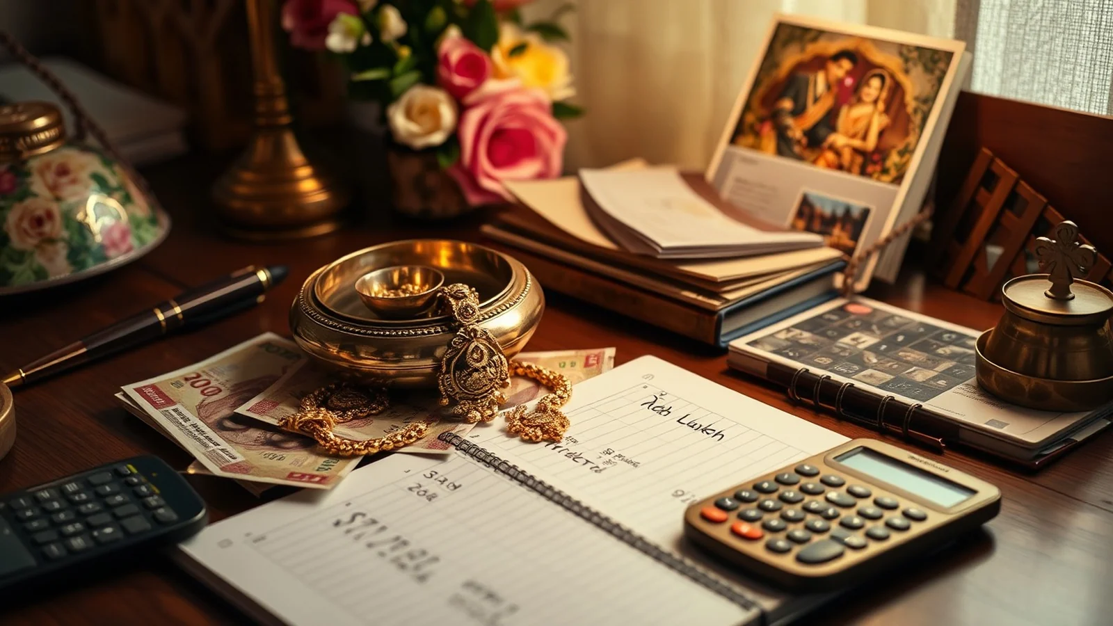 Indian wedding cost breakdown editorial scene with brass thali and rupee notes