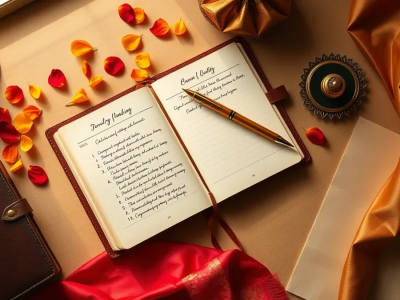 Indian wedding planning checklist - leather notebook with handwritten plans and marigold petals