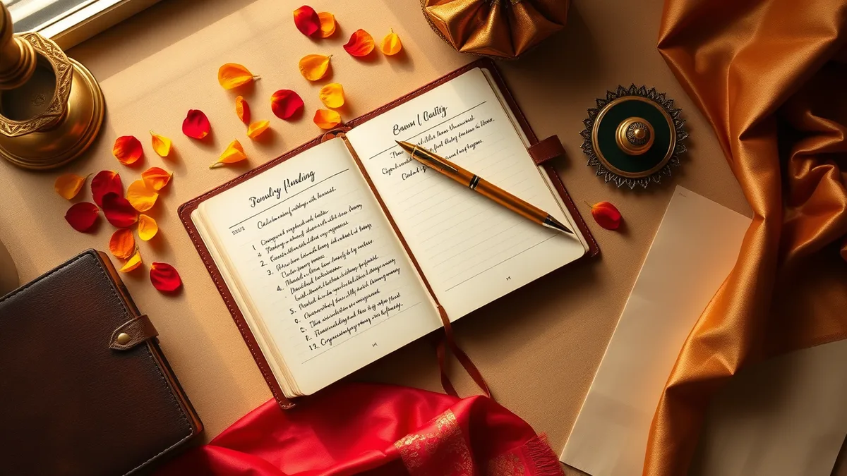 Indian wedding planning checklist - leather notebook with handwritten plans and marigold petals