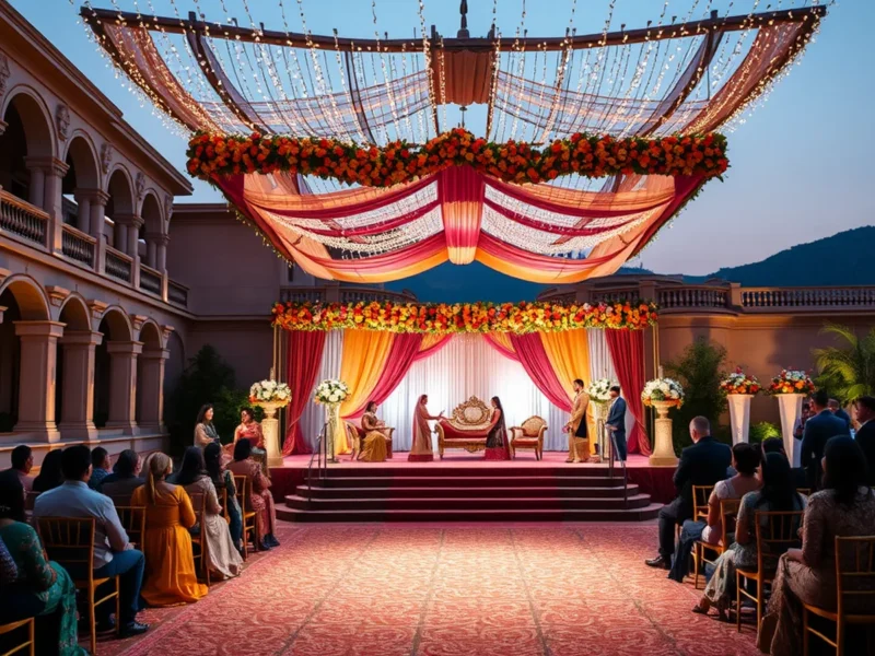 ITC Grand Bharat Gurgaon wedding cost - grand pre-function lawn sangeet stage with European architecture, Aravali hills and fairy lights at evening