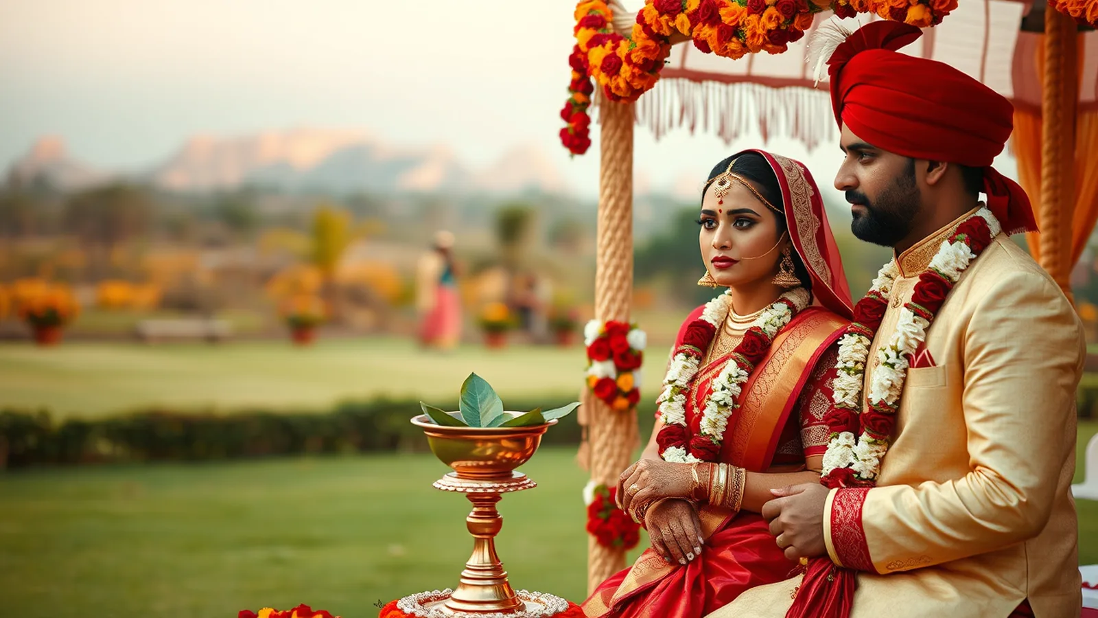 Premium wedding planner in Jabalpur - heritage Hindi-belt wedding mandap with Marble Rocks Bhedaghat backdrop at golden hour