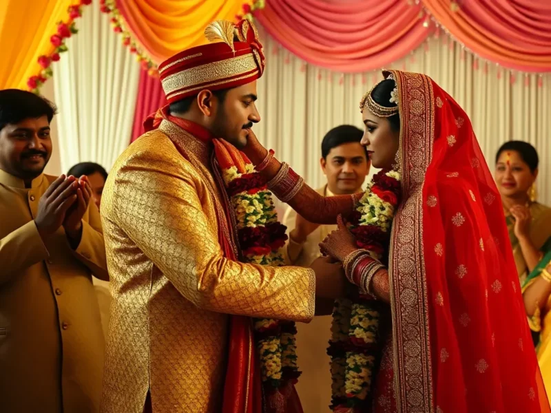 Indian wedding Jaimala garland exchange moment between bride and groom at the mandap