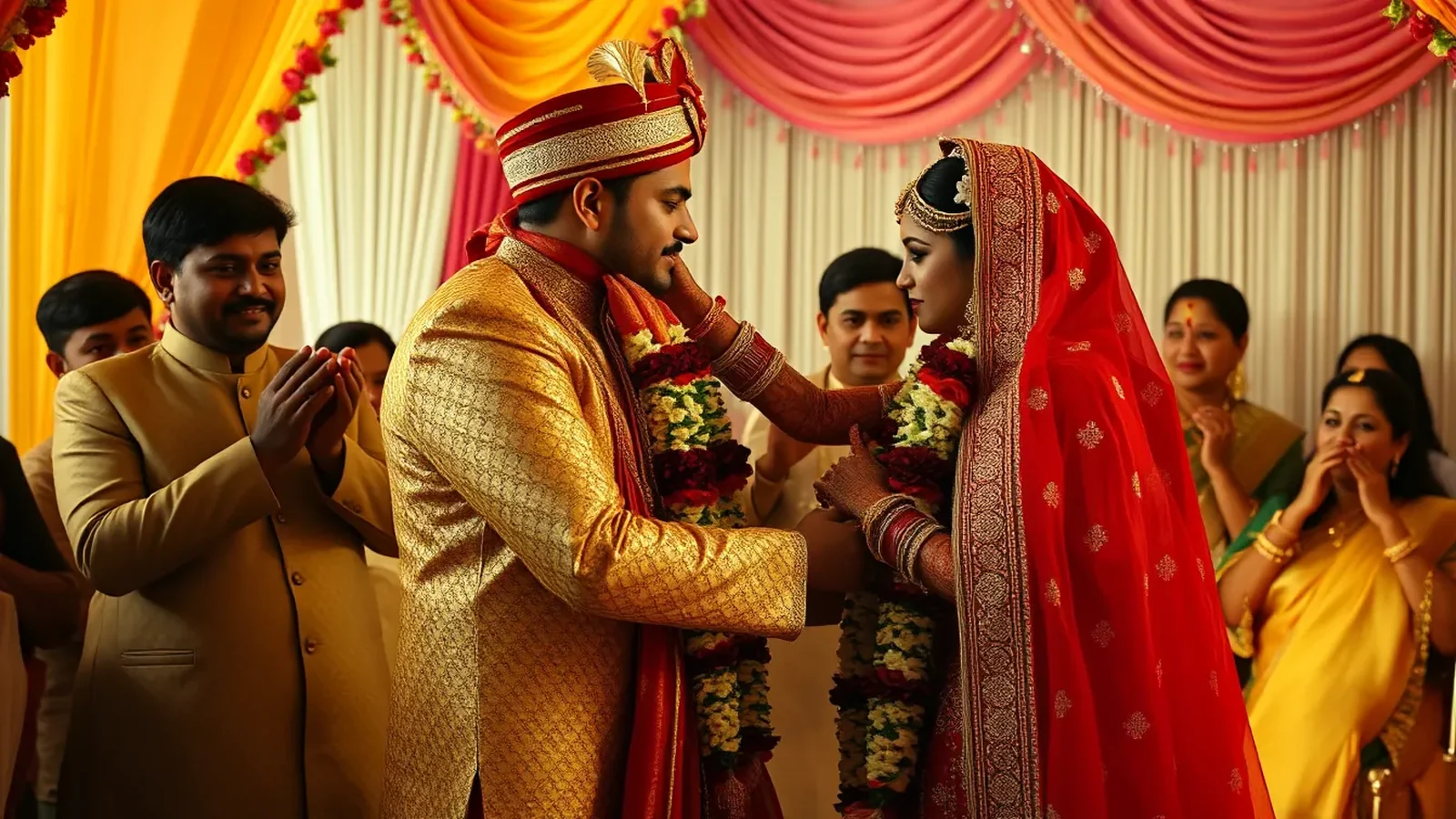 Indian wedding Jaimala garland exchange moment between bride and groom at the mandap