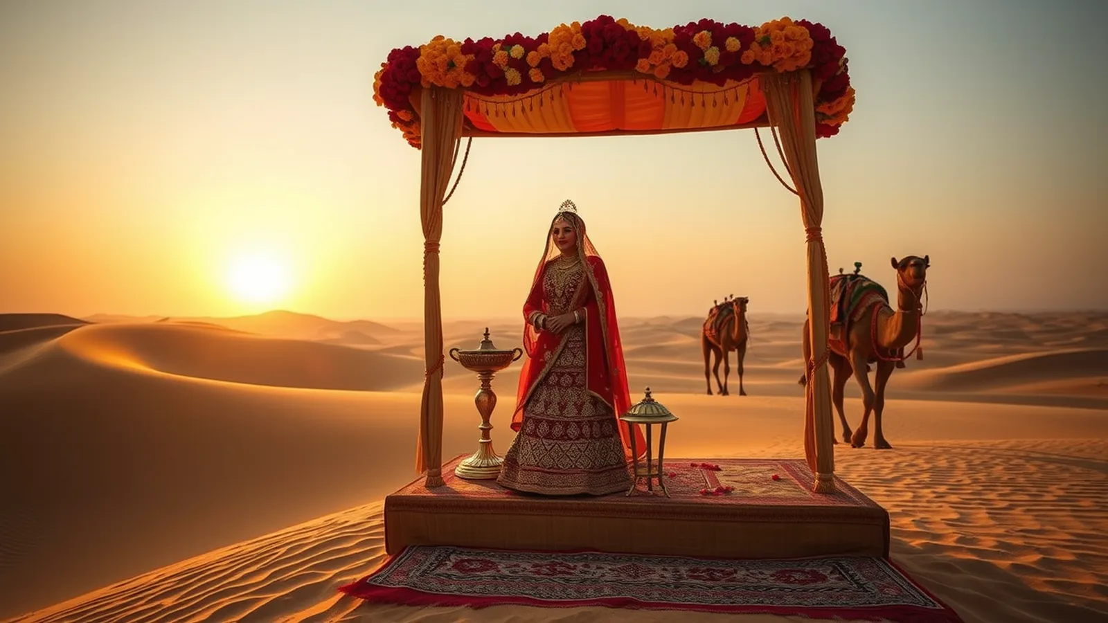 Premium wedding planner in Jaisalmer - sand dune wedding ceremony with camel baraat and Thar desert backdrop at golden hour
