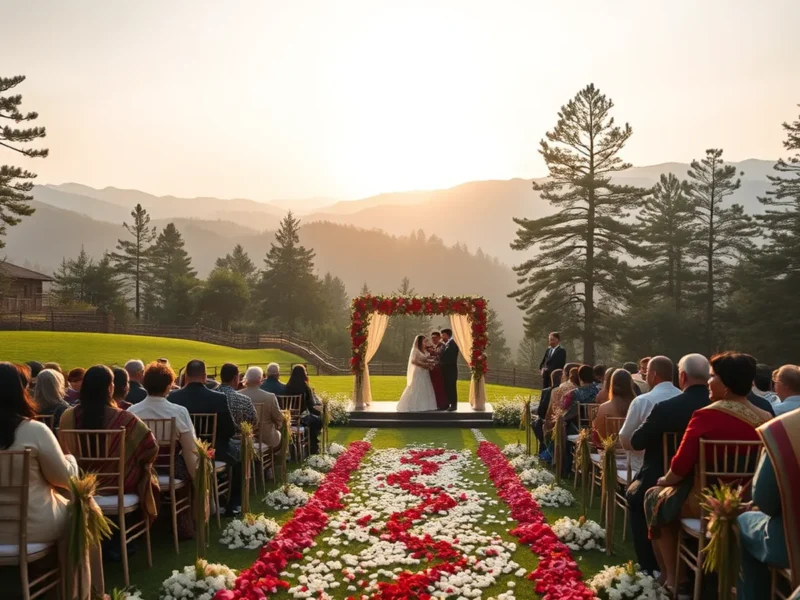 JW Marriott Mussoorie wedding cost - Indian hill-station wedding with mandap on a lawn against Himalayan foothills and pine forest at golden hour