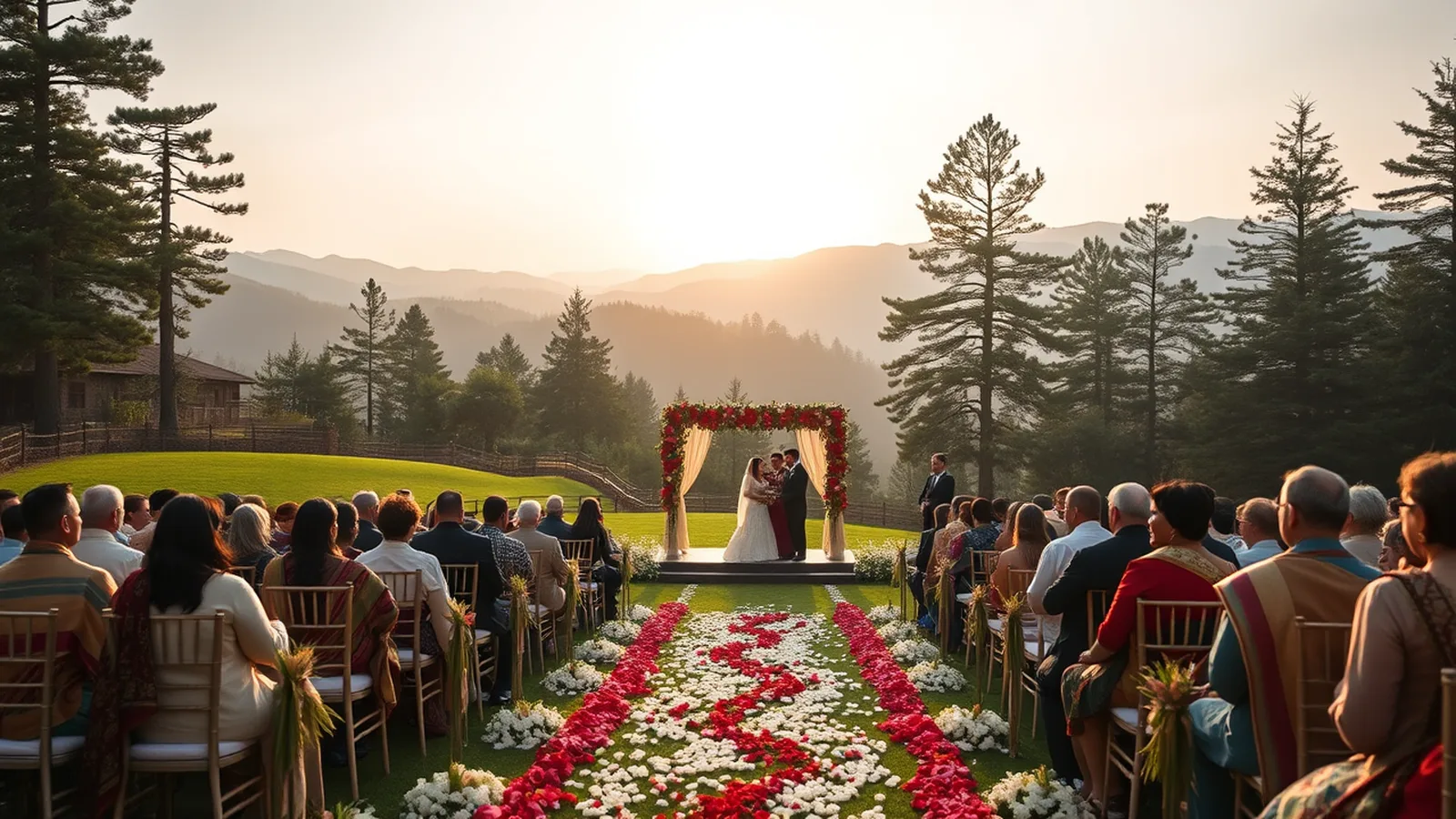 JW Marriott Mussoorie wedding cost - Indian hill-station wedding with mandap on a lawn against Himalayan foothills and pine forest at golden hour