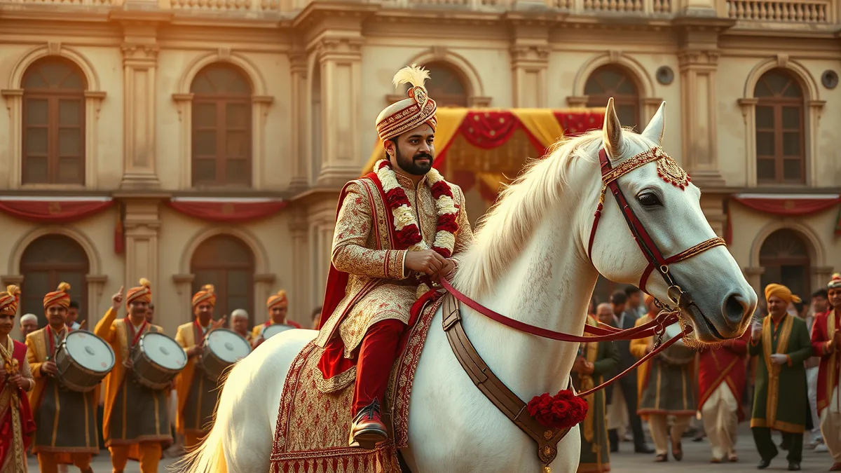 Premium wedding planner in Kanpur - North Indian baraat procession on white horse at sunset
