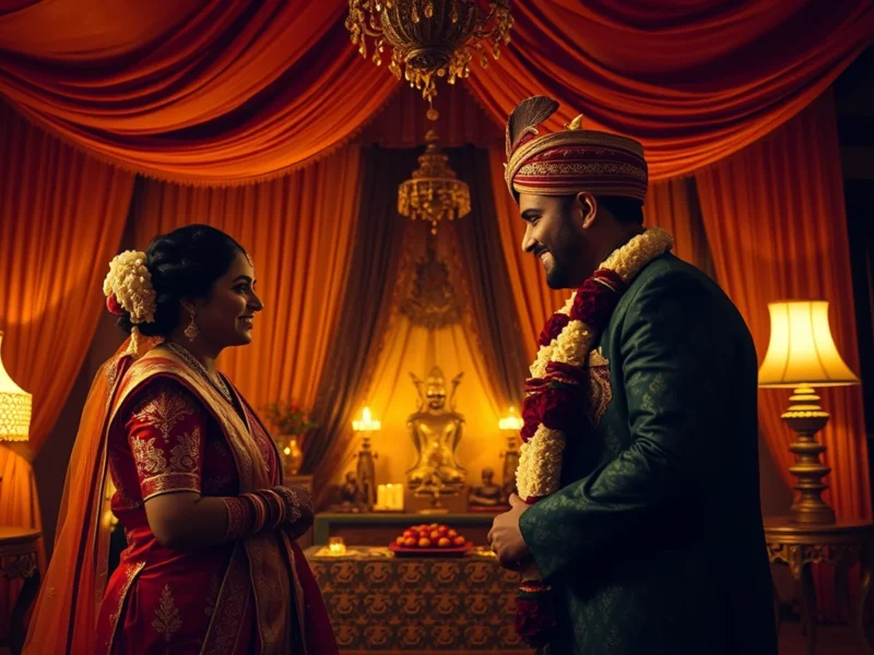 Kashmiri Pandit wedding setting with saffron tones and chinar motifs