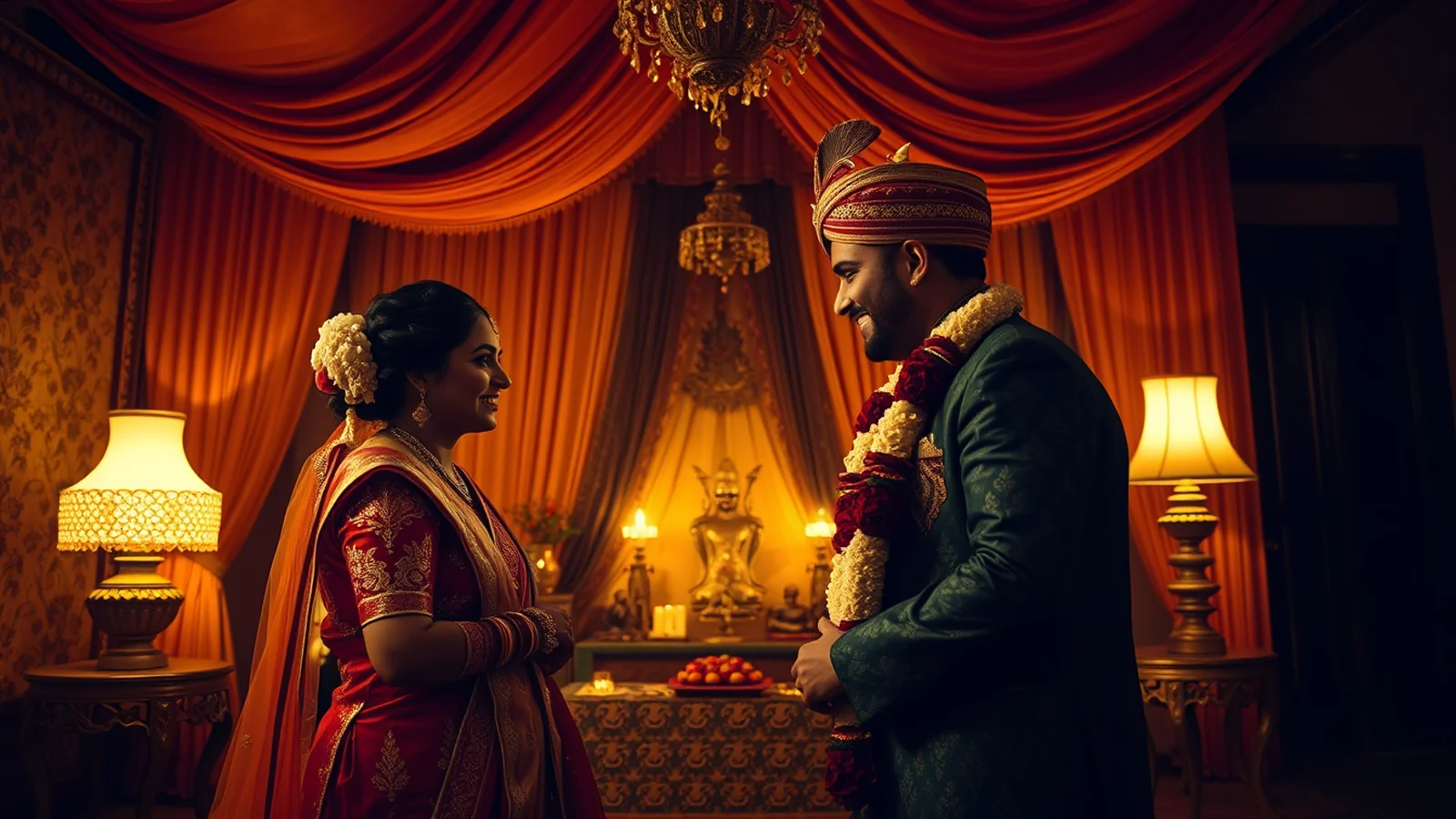 Kashmiri Pandit wedding setting with saffron tones and chinar motifs