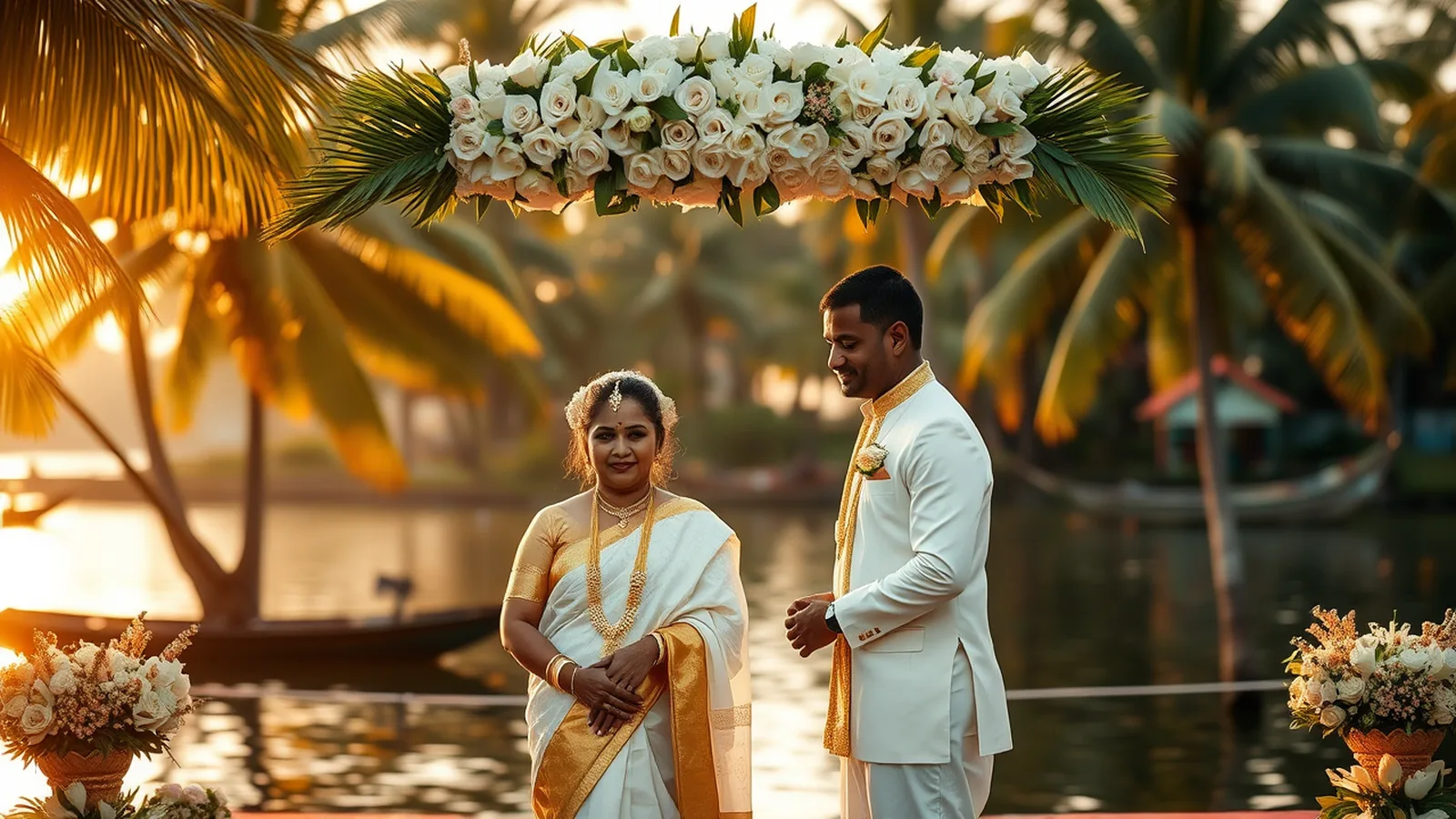 Premium wedding planner in Kochi - Syrian Christian Kerala backwater wedding ceremony with coconut palms and waterfront at golden hour